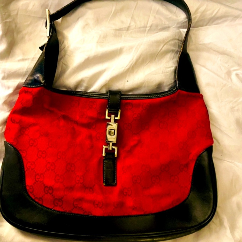 COPY - red canvas and black leather Gucci bag